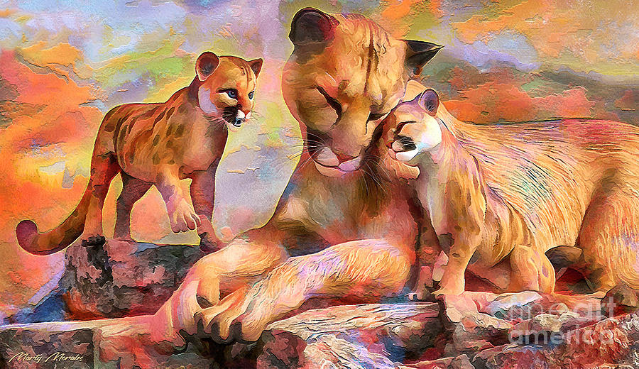 Cougar and Cubs V1 Mixed Media by Martys Royal Art