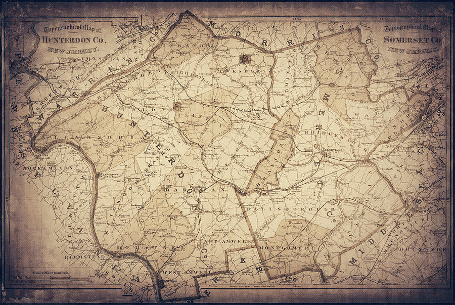 Counties Of Hunterdon And Somerset New Jersey Vintage Map 1872 Sepia Photograph By Carol Japp 3589