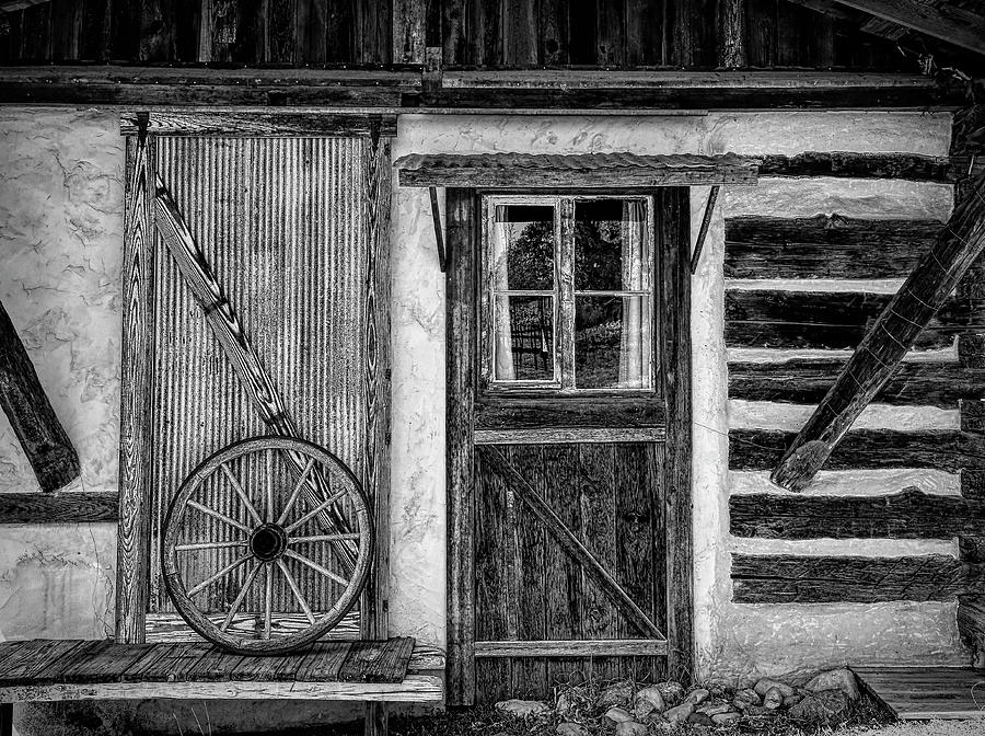 Country Cabin and Wheel Black and White Photograph by Judy Vincent