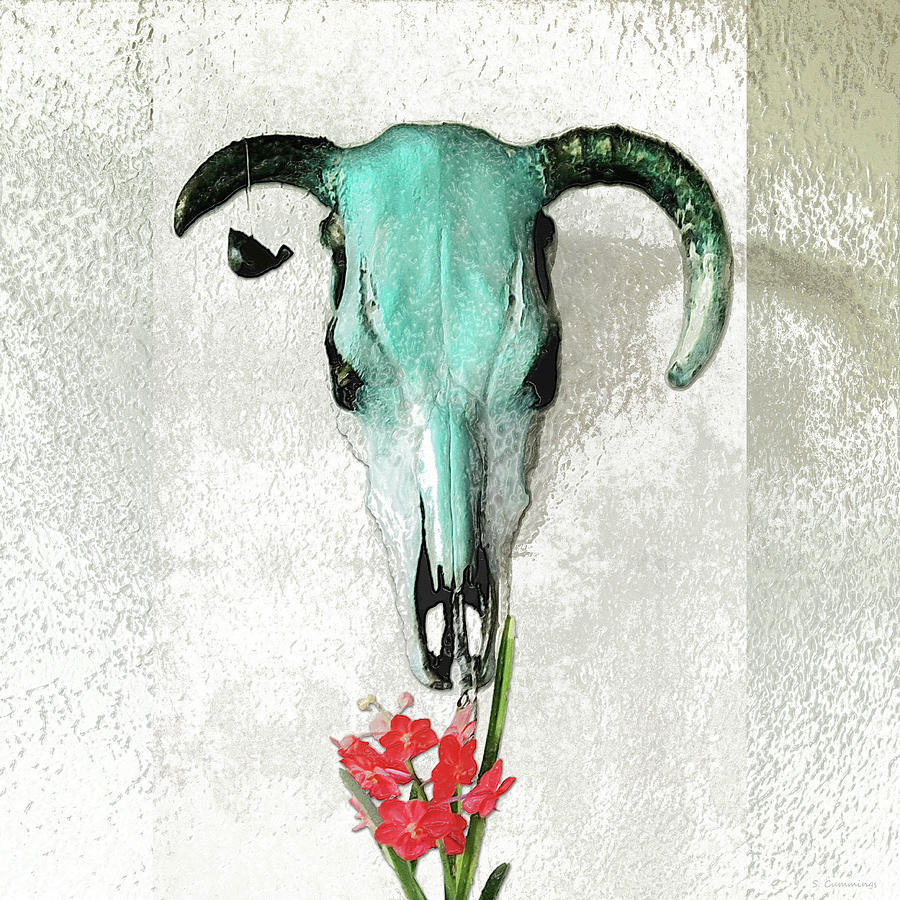 Country Charm - Flower Cow Skull Art Painting by Sharon Cummings