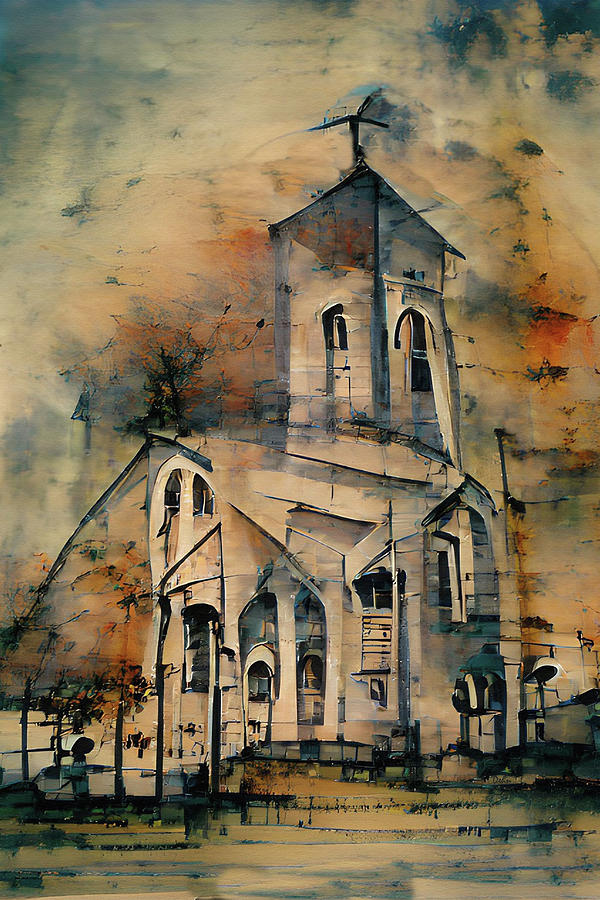 Country Church Abstract Watercolor Painting by David Dehner