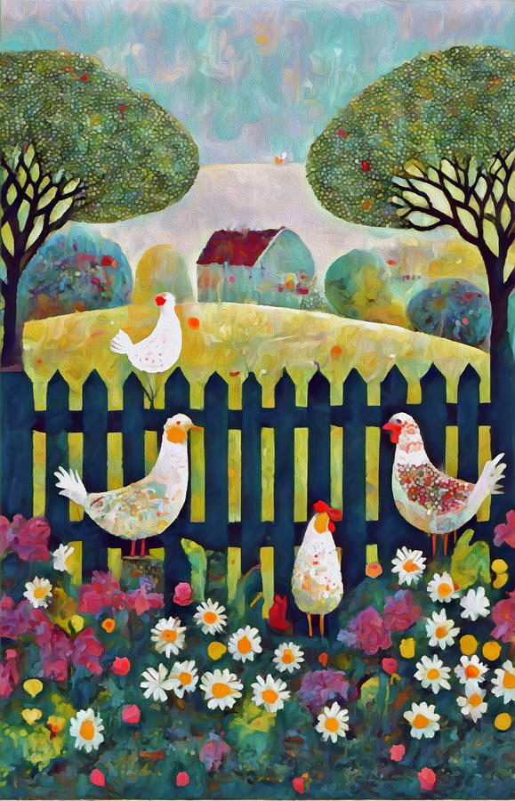 Country Cottage and Hens 1 Mixed Media by Ann Leech