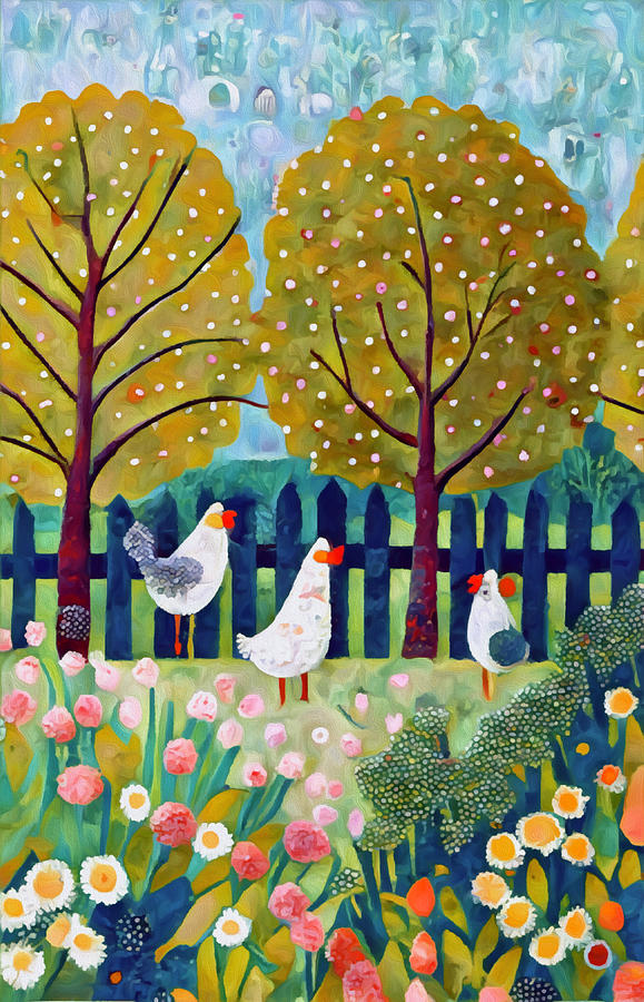 Country Cottage and Hens 2 Mixed Media by Ann Leech