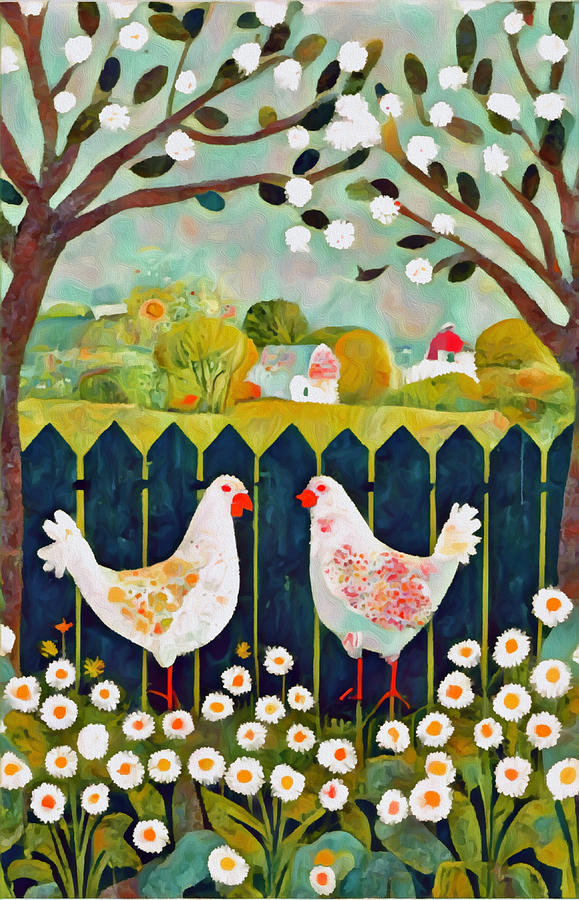 Country Cottage and Hens 3 Mixed Media by Ann Leech