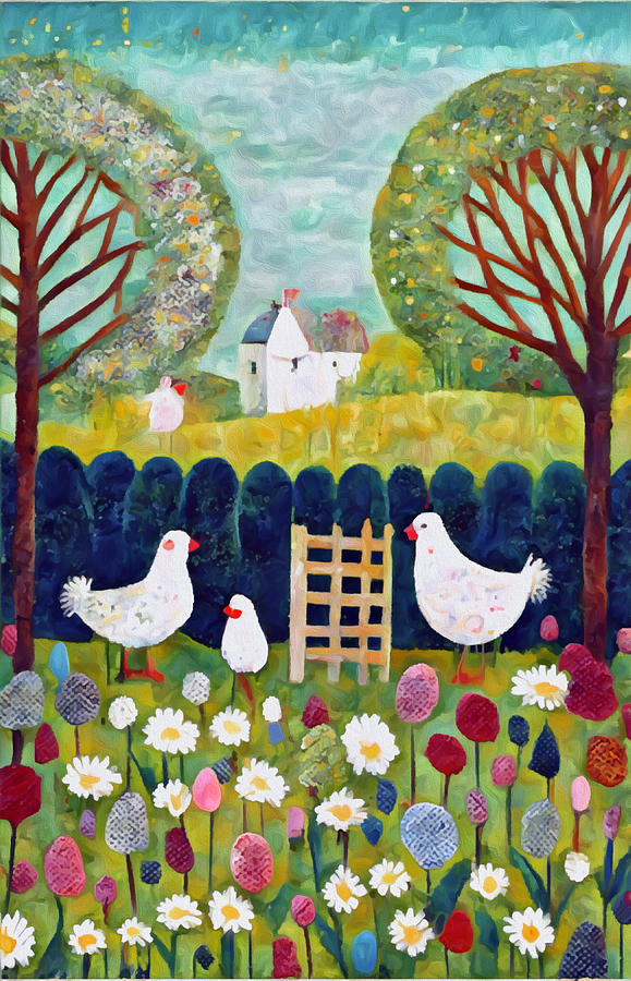 Country Cottage and Hens 4 Mixed Media by Ann Leech