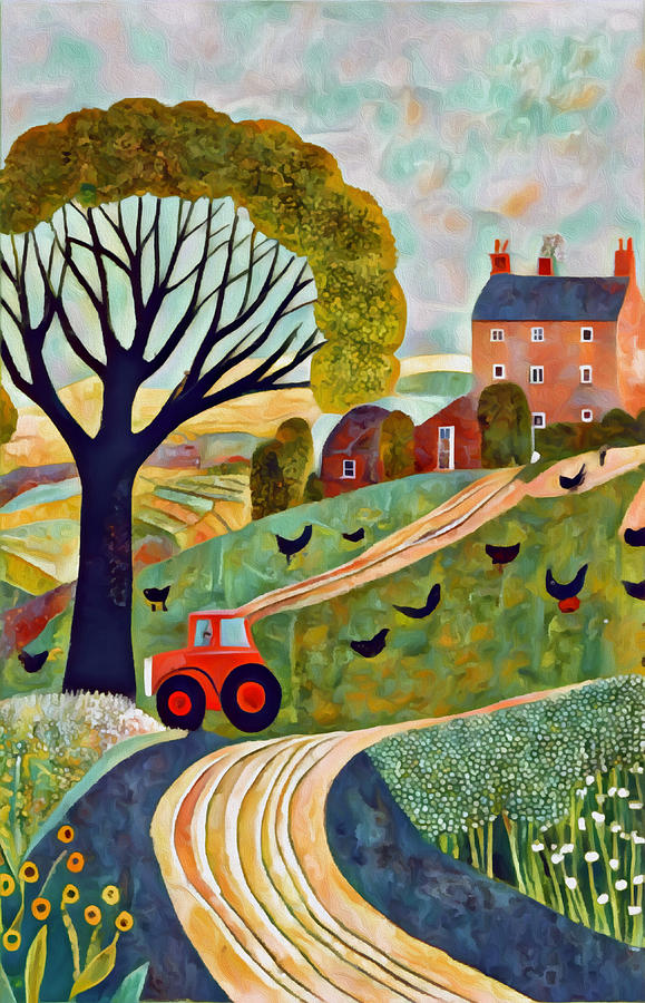 Country Cottage Birds and Tractor Mixed Media by Ann Leech