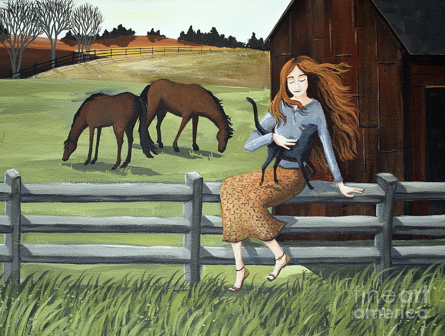 Country Girl  farm horse cat Painting by Debbie Criswell