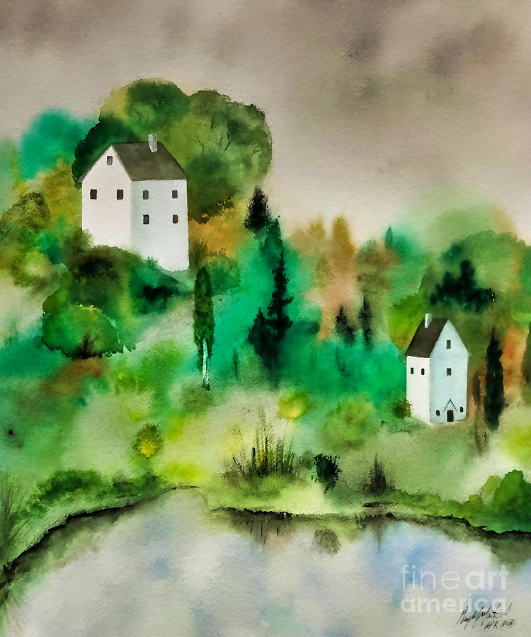 Homes Painting - Country homes on the pond by Gary Martinek