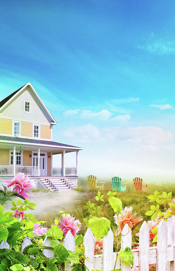 Country house with chairs and flowers by the sea Photograph by Sandra Cunningham