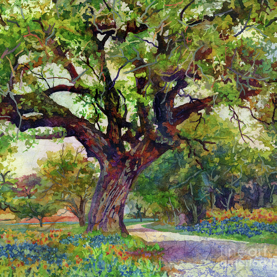 Country Lane - Oak Tree And Bluebonnets Painting
