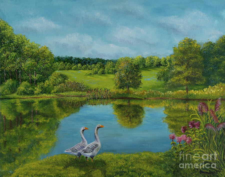 Country Pond Geese Painting by Charlotte Blanchard