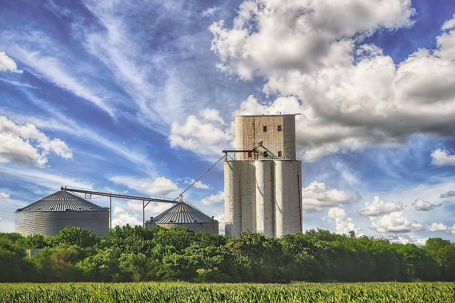 Country Scene Grain Elevator And Blue Sky Photograph
