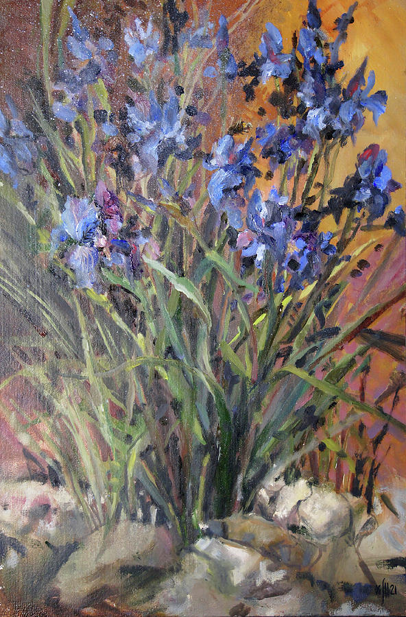 Summer Painting - Country sketch. Blue irises by Maria Shchedrina