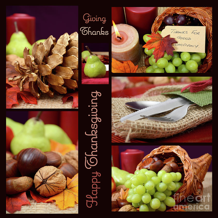 Country style rustic Thanksgiving table setting collage. Photograph by Milleflore Images