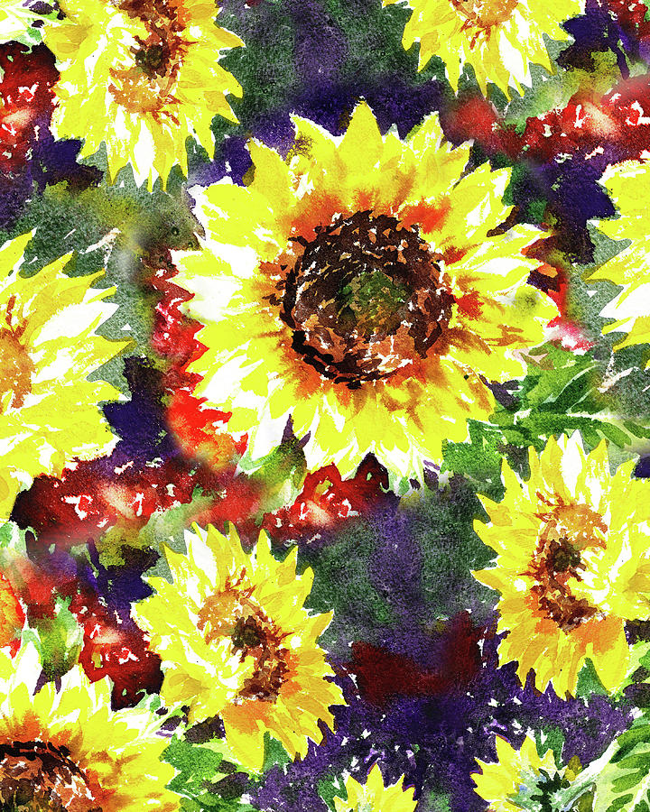 Country Summer Sunflowers Watercolor Painting