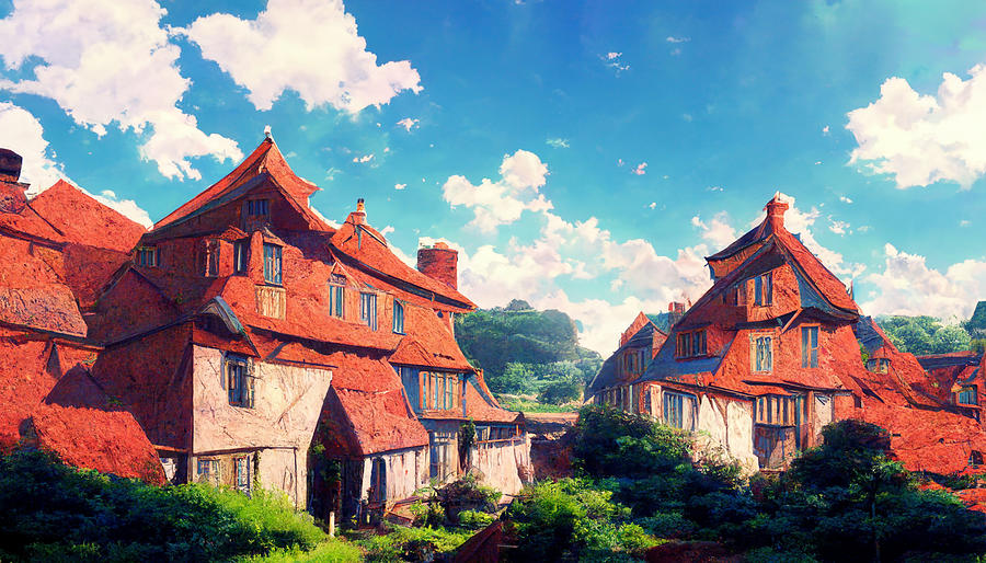 country  village  Red  brick  roofs  cliffs  fields  blue  sky  Fantasy  26671755  7c62  4515  ad81  Painting by MotionAge Designs