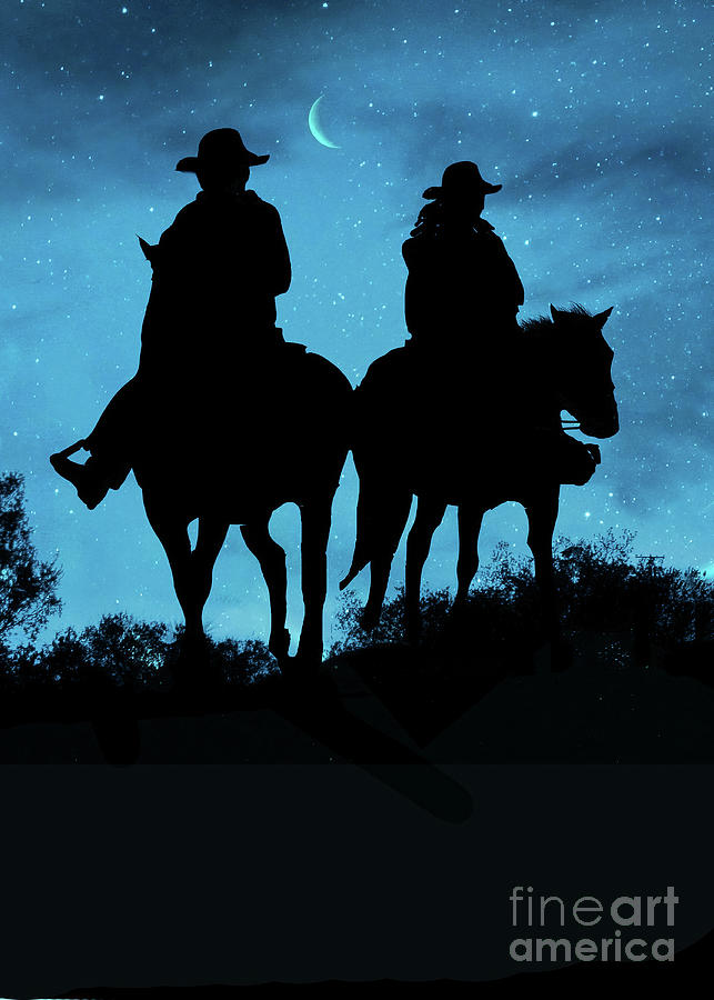 Country Western Cowboy and Cowgirl Horseback Riding Crescent Moon Photograph by Stephanie Laird