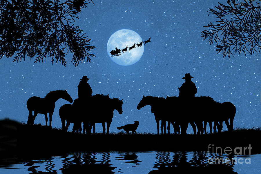 Country Western Cowboy and Cowgirl with Horses Cow Dog and Santa Cute Christmas Holiday Photograph by Stephanie Laird