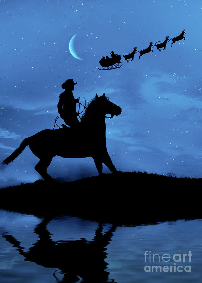 Country Western Cowboy and Horse with Santa and Sleigh Christmas Eve Night Photograph by Stephanie Laird