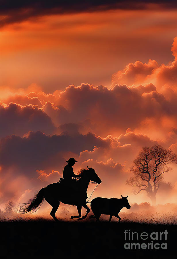 Country Western Cowboy Horse and Steer Sunset Photograph by Stephanie Laird