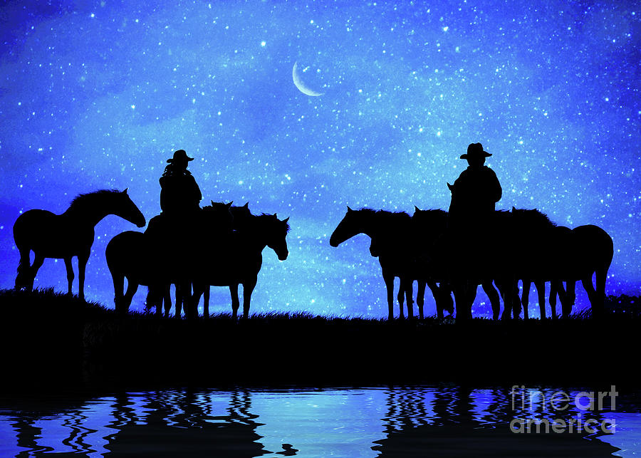 Country Western Cowboy Horse Herd by Water Hole Wranglers Crescent Moon Photograph by Stephanie Laird