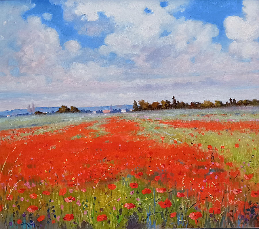 Countryside poppies field - Tuscany painting landscape Painting by ...