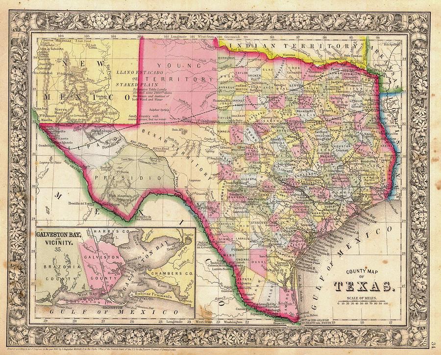 Map Painting - County Map Of Texas, 1864 by Samuel Augustus Mitchell