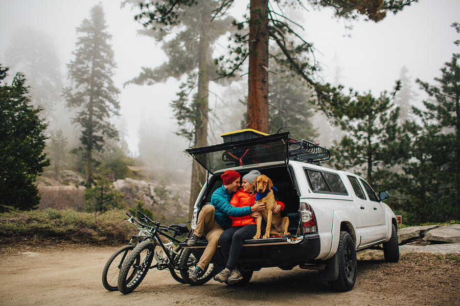 Couple and dog sitting on tailgate of jeep wagon, Sequoia National Park, California, USA Photograph by Peter Amend