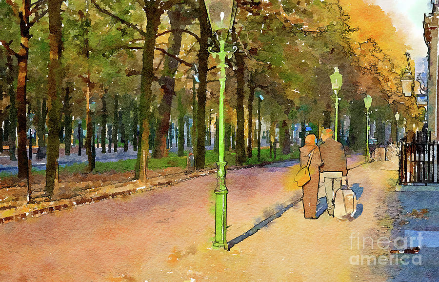 Couple Are Walking In Street, Watercolor Style Digital Art by Ariadna De Raadt