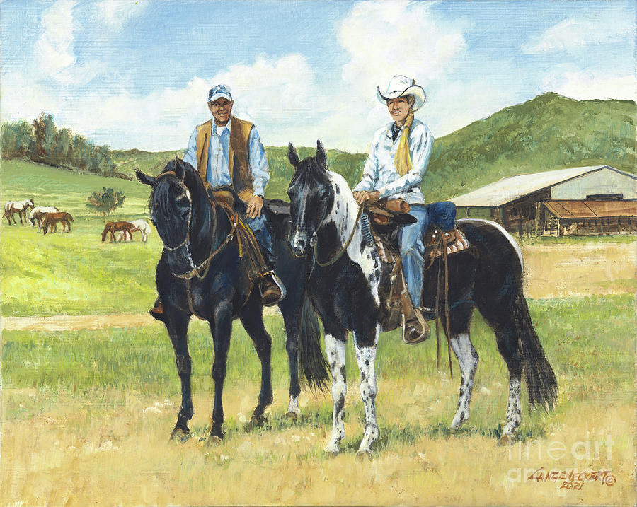 Trail Ride Painting - Couple at Big Creek by Don Langeneckert
