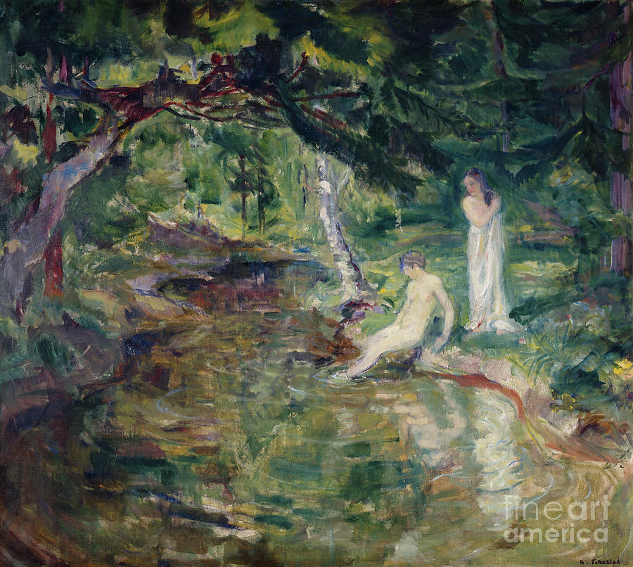 Couple bathing in the wood Painting by O Vaering by Bernhard Folkestad