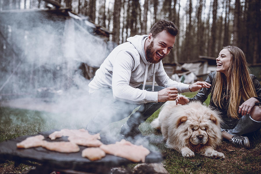 Couple Campers Making Barbecue And Having Fun With Dog Photograph by AleksandarGeorgiev