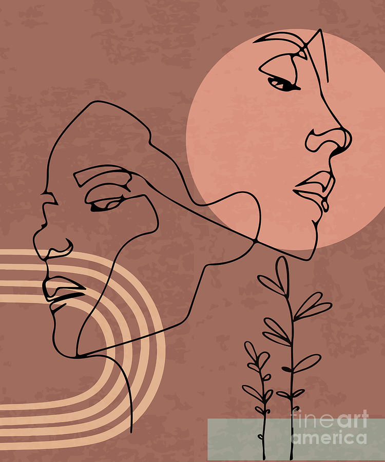 Abstract Drawing - Couple Faces One Line Drawing, Contemporary Template With Abstract Shapes,Tropical Leaves Modern by Mounir Khalfouf