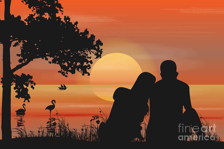 Couple in love, profile silhouettes close to each other, beautiful