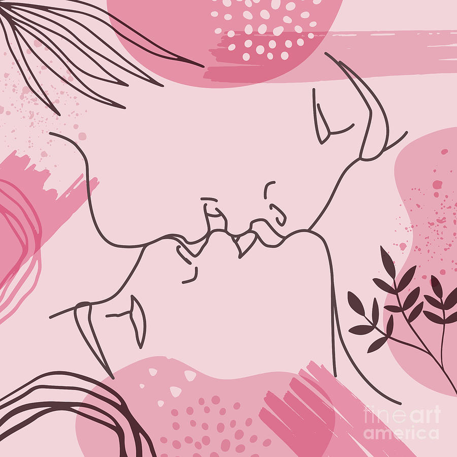 Flower Drawing - Couple Kiss Illustration One Line Drawing, Couple Kissing Line Art, Couple Love Kissing Lineart by Mounir Khalfouf