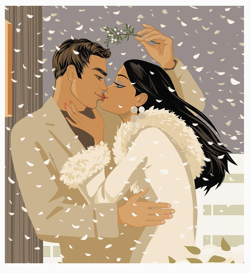 Couple Kissing Underneath Mistletoe Outside in the Snow Drawing by Mike Wall