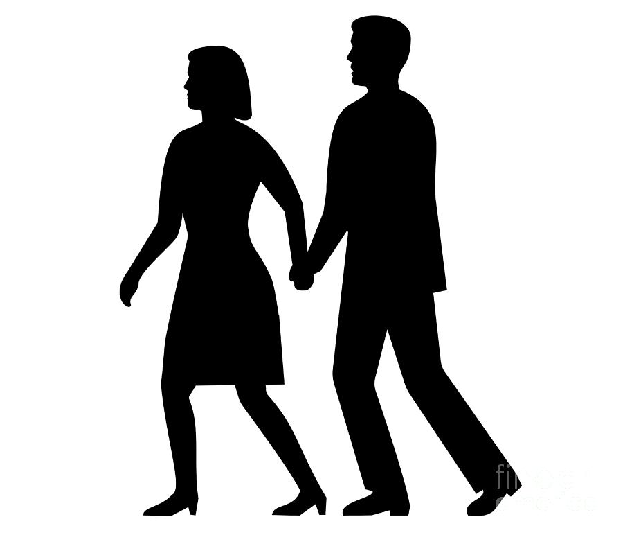Couple Male and Female Walking Away Holding Hands Side Silhouette Retro