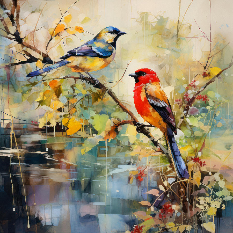 Couple of birds on the tree branch watercolor painting Digital Art by ...