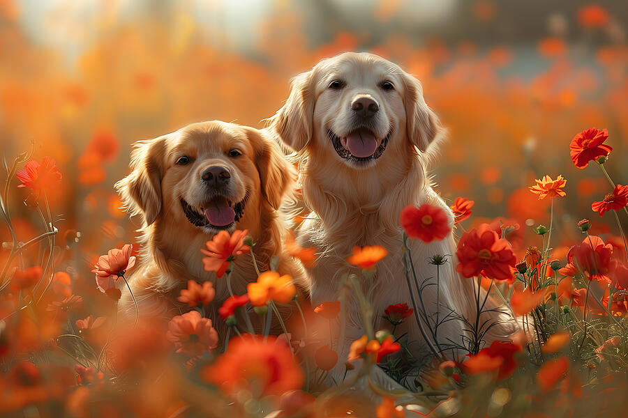 Dog Mixed Media - Couple of Golden Retrievers in a Flower Field by Lily Malor
