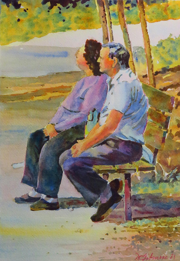 Couple on a Bench at Lemoines Point Painting by David Gilmore