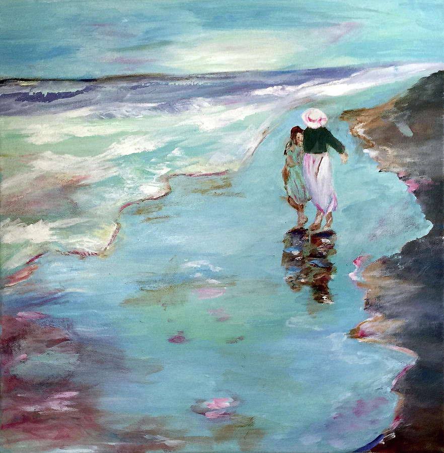 Mother and daughter strolling on the beach Painting by Genevieve Holland