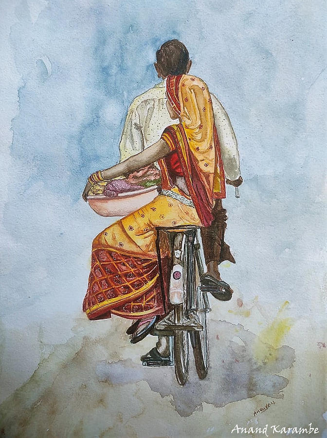 Couple on bicycle  Drawing by Anand Karambe