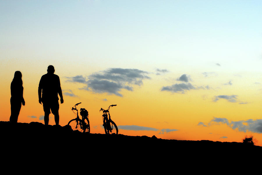 Couple On The Sunset With Bikes Landscape Photograph by Severija Kirilovaite