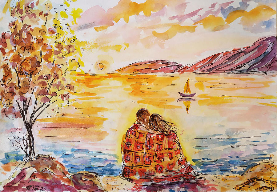 Couple Original Painting Sailboat Watercolor Lovers Seascape Artwork Sunset Painting Ocean Wave Art Painting By Kristina Timofeeva