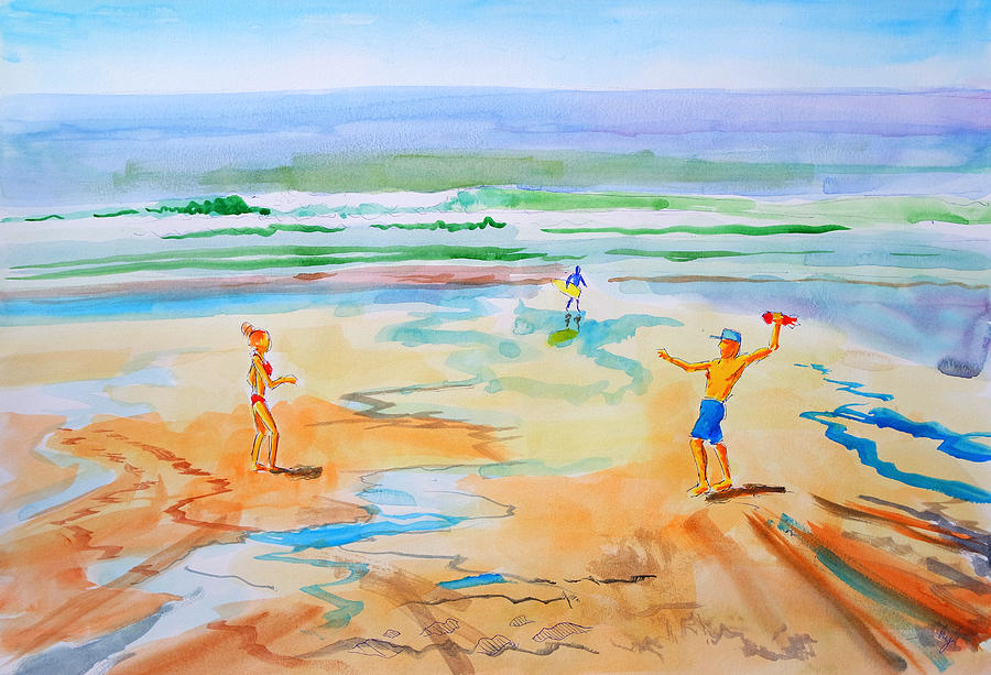 Couple playing ball on the sandy Fistral Beach painting Painting by Mike Jory