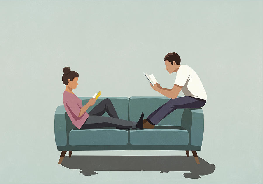 Couple reading books on sofa Drawing by Malte Mueller