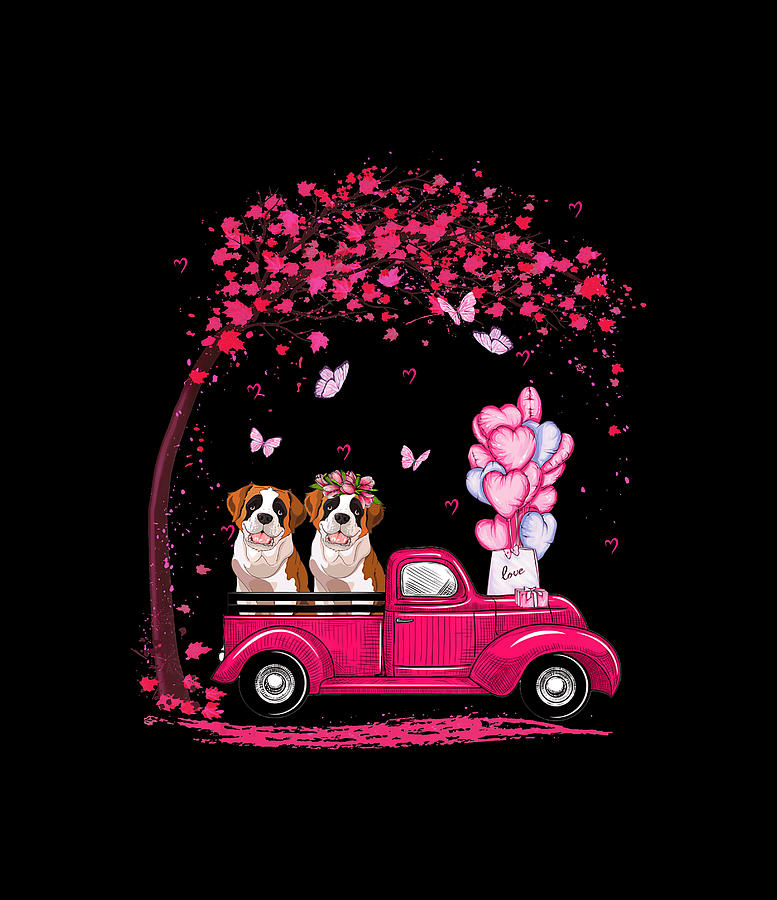 Couple Saint Bernard Truck Valentine Tree Dog Lover Gift T-shirt Drawing