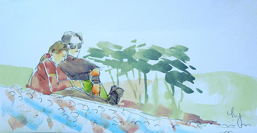 Couple sat on the pebble beach at Budleigh Salterton Drawing by Mike Jory