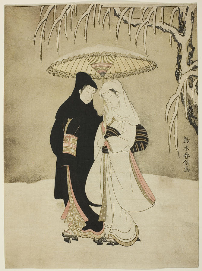 Couple Under Umbrella In Snow Suzuki Harunobu Painting