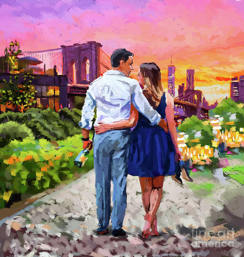 couple walking at New York City Brooklyn Bridge Park Painting by Tim Gilliland
